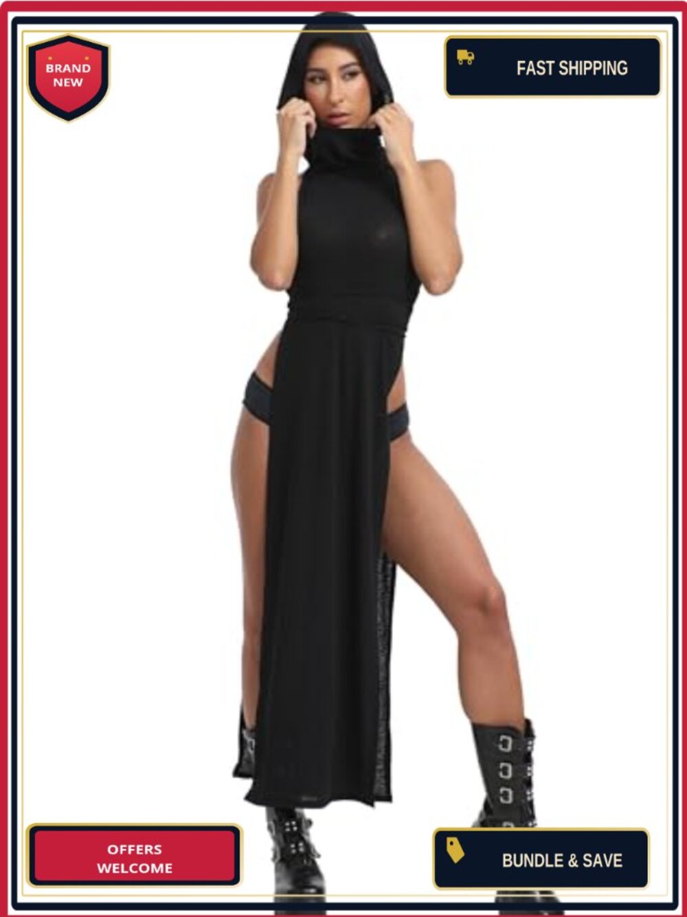 Goth Rave Hooded Bodycon Maxi Dress Cosplay Festival Costume